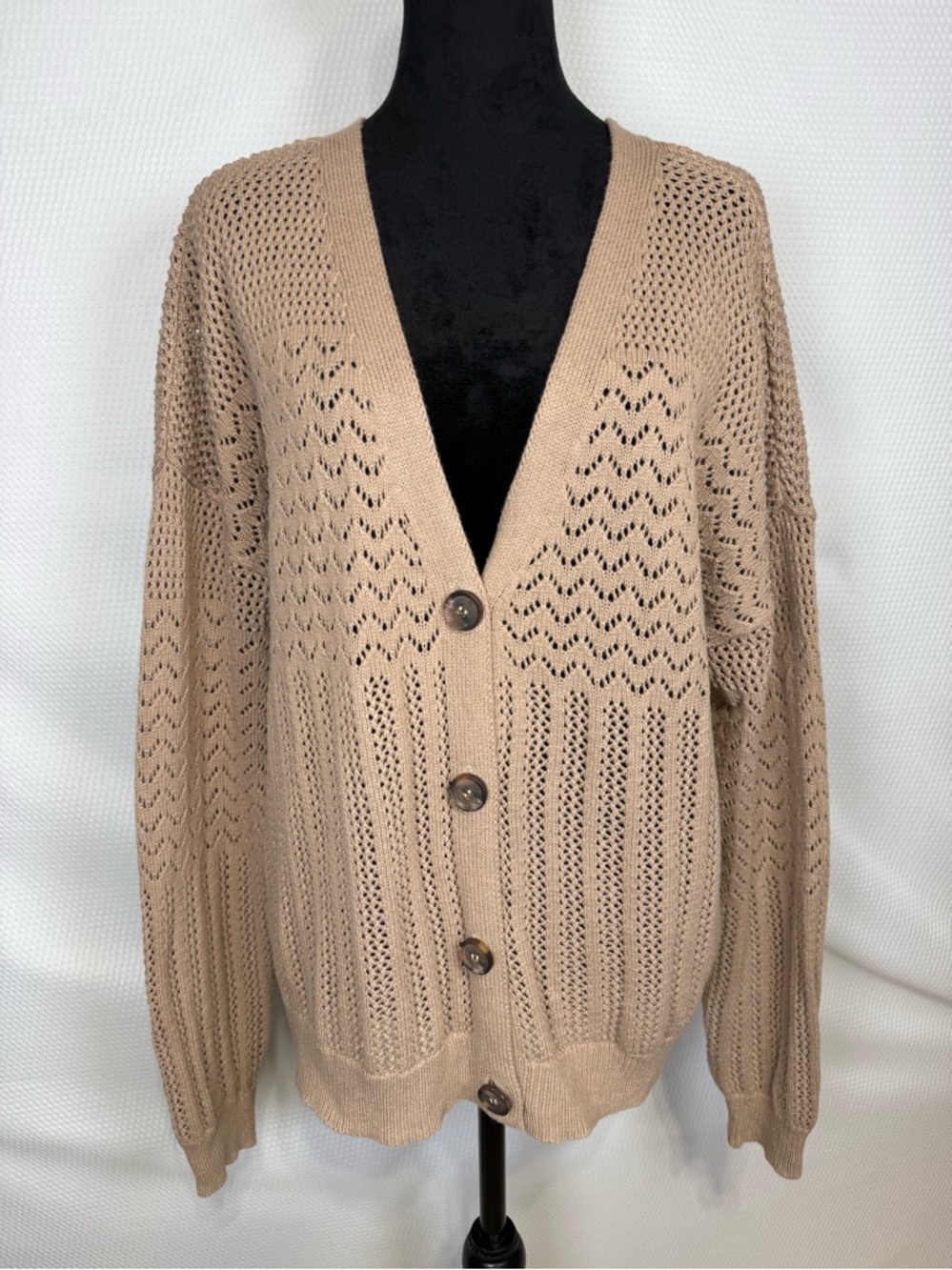 Nicole Miller Artelier Open Knit Cardigan Sweater XL Taupe Cotton Button Front